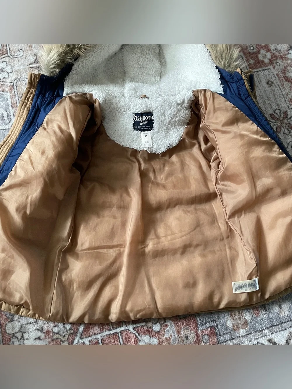 Osh Kosh Bgosh 4T Puffer Winter Jacket with Faux Fur Hood - Tan and Navy